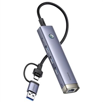 BASEUS UltraJoy Series BS-OH185 USB-Hubi USB-A / Type-C 3xUSB 3.0 + RJ45 + Type-C Adapteri - Harmaa