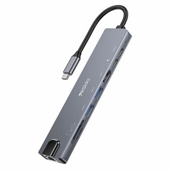 YESIDO HB27 8-in-1 USB Hub -telakointiasema Type-C:stä 2xUSB3.0:aan + USB-C3.0 Data + PD 100W + RJ45 + SD / TF + 4K HD -sovitin