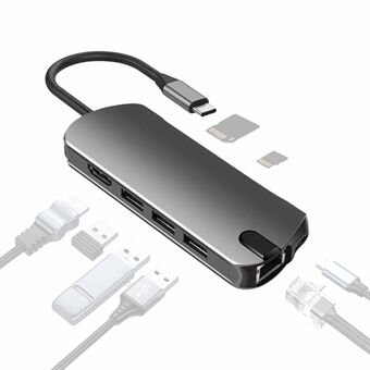 FX-1916 Type-C HUB 8 in 1 USB-C -sovitin, jossa on 4K@30Hz HDMI / 100W PD USB-C-portti / USB 3.0 / RJ45 Ethernet / SD / TF-kortinlukijat telakointiasema