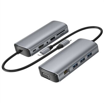 1928 11-in-1 -telakointiasema Type-C:stä USB-C:hen + USB2.0 + 3xUSB3.0 + SD/TF -korttipaikka + 3,5 mm + 4K HD + VGA + RJ45 USB -keskittimen adapteri