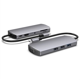 FX-1928G 9-in-1 USB-keskitin telakointiasema Type-C USB-C:lle + 3xUSB3.0 + SD / TF-korttipaikka + 3.5mm + 4K HD + VGA-sovitin