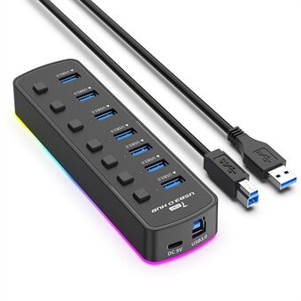 U307 7-Porttinen USB 3.0 -keskittimen jakaja yksittäisillä kytkimillä ja 14 RGB-valaistustilalla tietokoneelle ja televisiolle