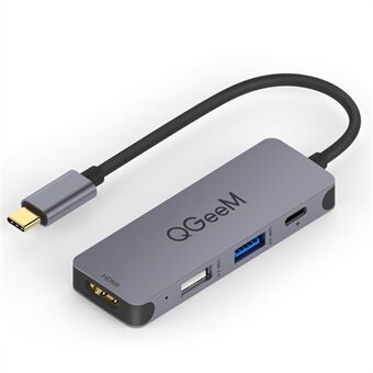 QGEEM UH04-1 USB C -keskitin 4K-resoluutioon HD-video + USB 3.0 + 100 W PD-laturi + USB 2.0 -sovitin MacBook Pro 2019/2018 ja muille Type-C-laitteille