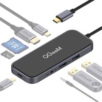 QGEEM UH08-2 8-porttinen USB C -keskittimen lasipinta, tyyppi C - 4K-resoluutio HD-videosovitin + 100 W PD + muistikorttipaikat + 3,5 mm:n ääniportti + 2xUSB 3.0 -porttia + tyypin C portti, yhteensopiva kannettavien tietokoneiden ja muiden C-tyypin laitte