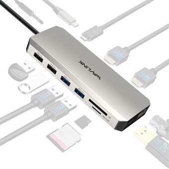 WAVLINK UMD302 USB-C-telakointiasema, jossa on kaksi 4K HD:tä, Gigabit RJ45, 12-in-1 Multi-Port Hub -sovitin kannettaville tietokoneille, PC