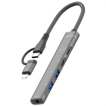 Type-C / 8-nastainen 5-in-1 USB Hub Type-C-lataus + Type-C-datatiedonsiirto + 2xUSB + 3,5mm kuulokeliitäntä adapteri