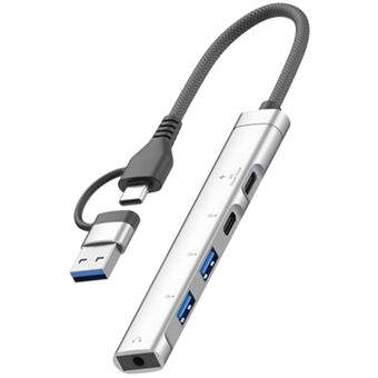 Type-C / USB-A 5-in-1 USB-hubi Type-C lataus + Type-C data + 2xUSB + 3,5 mm kuulokeliitäntä adapteri