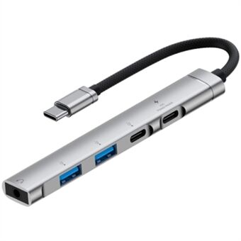 5-in-1 USB Hub Type-C to Type-C Lataus + Type-C Data + 2 X USB2.0 + 3.5mm Kuulokeliitäntä Adapteri