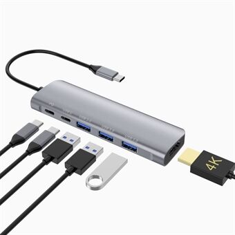 YSTC9038 6 in 1 moniporttinen kannettava USB C -keskitinsovitin Nopea datasynkronointimuunnin Yhteensopiva HDMI/USB3.0/USB-C PD:n kanssa