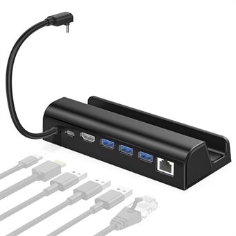 6 in 1 -telakointiasema Steam Deck -telakointiasemalle HD 4K / 60 Hz, Gigabit Ethernet, 3 USB3.0, USB-C-portti Stand keskitin jalustalla