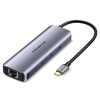 MINDPURE HU010 8-in-1 USB-C Hub Alumiiniseos Kannettavan Tietokoneen Telakointiasema, USB3.0x3+HD+PD+SD+TF+RJ45