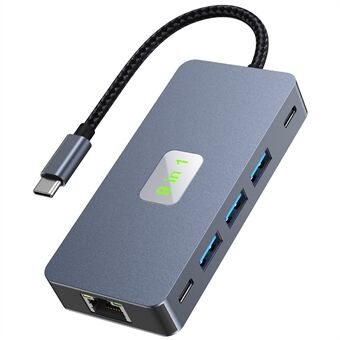 2318 Type-C Hub 3xUSB 3.0+HD Videolähtö+2xKortinlukijat+PD 100W+RJ45 Ethernet+USB-C Datanmuunnin