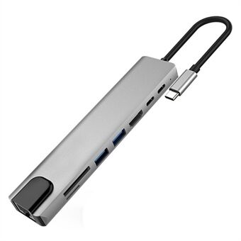 XCF-RJ45-285 8-in-1 USB-C-keskitinsovitin Kannettava Mini Type-C -telakointiasema 10 / 100 Mbps RJ45 Type-C -keskitin USB-C:hen, USB:hen, HD:hen