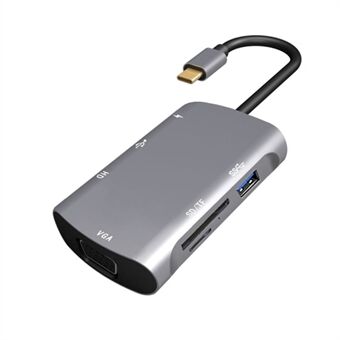 V217E 7 in 1 Type-C keskitinsovitinkaapeli HD VGA USB 2.0 / 3.0 SD / TF-kortinlukija PD-lataustelakointiasema kannettavalle tietokoneelle