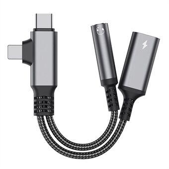 L-muotoinen iP  /  USB-C - 3,5 mm naaras + Type-C -latauskaapeli, ääni- ja lataussovitin