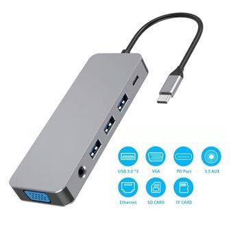 YK9321 11 in 1 alumiinityyppi C HUB USB C - USB3.0 VGA Ethernet TF-kortti PD-telakointiaseman sovitinkaapeli kannettavalle tietokoneelle