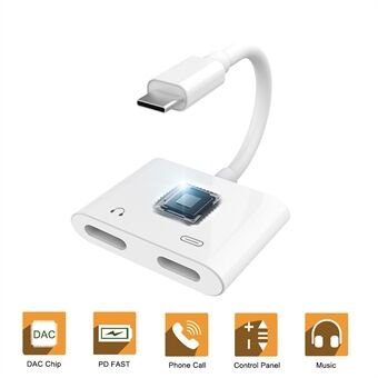 USB C Double Type-C Splitter Digital Audio Lataussovitin Muunnin Tuki PD Pikalataus - Valkoinen