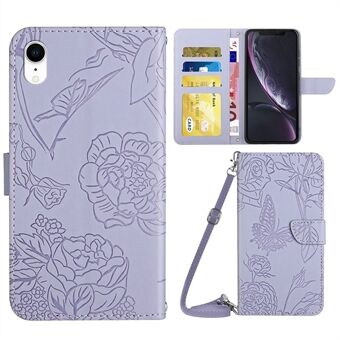 For iPhone XR 6.1 inch Stand Phone Case PU Leather Imprinting Butterflies Flower Pattern Wallet Shell with Shoulder Strap