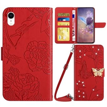 IPhone XR:lle 6,1 tuuman Butterfly Flowers -painettu tekojalokivikoristelu Puhelimen kansi Lompakon Stand Nahkakotelo olkahihnalla