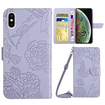 For iPhone XS Max 6.5 inch Skin-touch Leather Cover Imprinting Butterflies Flower Pattern Wallet Stand Phone Case with Shoulder Strap