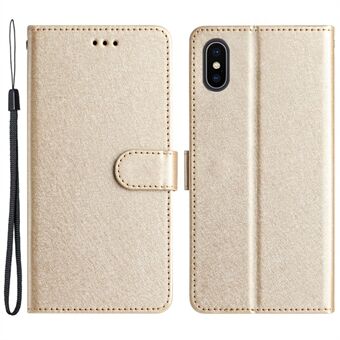 Iskunkestävä kotelo iPhone XS Max 6,5 tuuman Silk Texture Wallet Stand PU-nahkainen suojus rannehihnalla