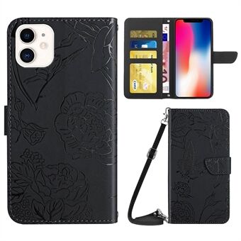 Butterfly Flowers Imprinting Phone Case for iPhone 11 6.1 inch PU Leather Phone Shell Hands-free Stand Wallet Case with Shoulder Strap