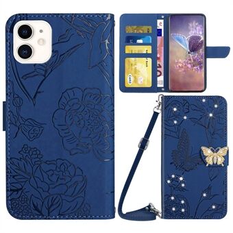 Rhinestone Decor PU-nahkakuori iPhone 11:lle 6,1 tuumaa, Butterfly Flowers -painettu Stand Lompakko Ihokosketuspuhelinkotelo olkahihnalla