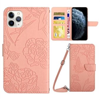 Wallet Phone Case for iPhone 11 Pro Max 6.5 inch PU Leather Butterfly Flowers Imprinting Phone Shell Shockproof Stand Case with Shoulder Strap