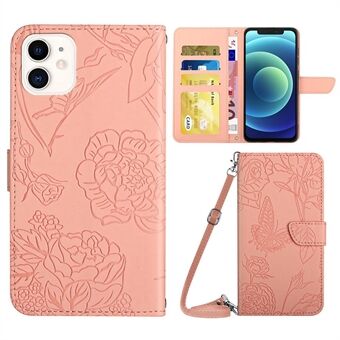 PU Leather Phone Shell for iPhone 12 mini 5.4 inch Butterfly Flowers Imprinting Protective Case Scratch Resistant Stand Wallet Case with Shoulder Strap