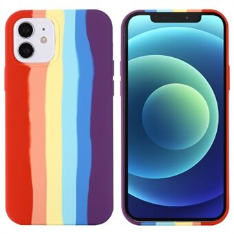 Puhelimen suojakuori iPhone 12 minille 5,4 tuumaa, Rainbow Design nestemäistä silikonia suojaava takakuori - punainen