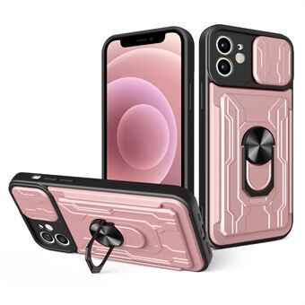 Sormusteline Ring Design PC + TPU-puhelinkotelo, jossa kameran liukukansi ja irrotettava korttiteline iPhone 12 6,1 tuumalle