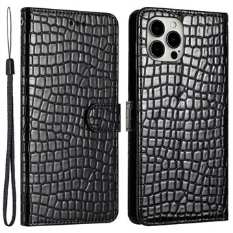 IPhone 12 / 12 Pro 6,1 tuuman Crocodile Texture -pudotuksenkestävä Stand puhelimen lompakkokotelo käsihihnalla