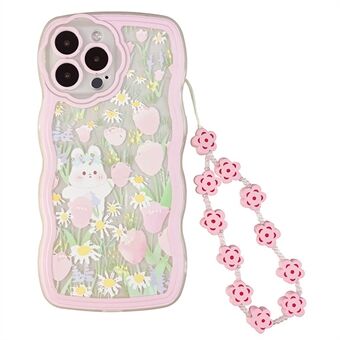 IPhone 12 Pro Rabbit Flower Pattern TPU -kuvioiselle suojakuorelle, läpinäkyvä puhelimen suojus ranneketjulla