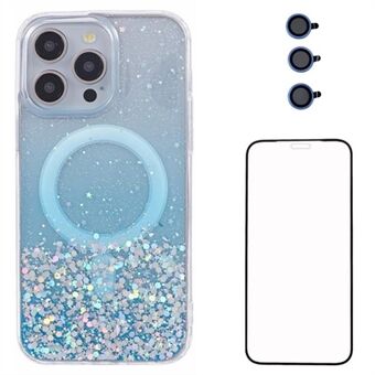 WANLONFENG JWT-sarjan iPhone 12 Pro Maxille kimaltava sequin TPU+akryyli magneettinen puhelimen kuori näytön suojakalvolla + linssin suojakalvolla