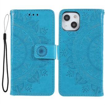 Tyylikäs painettu Mandala Totem Pattern PU-nahka iskunkestävä magneettikotelo hihnalla iPhone 13 6,1 tuumalle