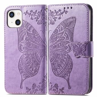 Pudotuksenkestävä Big Butterfly -painatusnahkainen lompakon kansi hihnalla iPhone 13 6,1 tuumalle