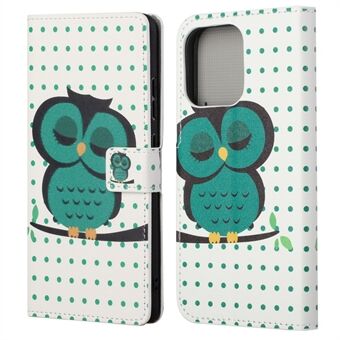 Koko vartaloa suojaava kuviotulostus PU-nahkalompakko Magneettinen Closer Iskunkestävä Stand Flip Folio Cover Cover -kotelo iPhone 13 - Green Owl