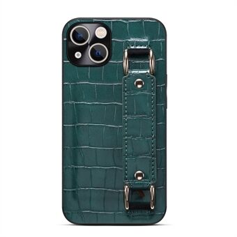 For iPhone 13 6.1 inch Wristband Kickstand Crocodile Texture Phone Case DW PU Leather Coated TPU Back Shell with Card Holder