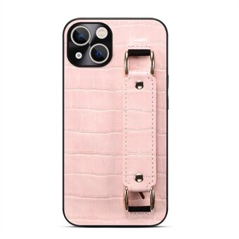 For iPhone 13 6.1 inch Wristband Kickstand Crocodile Texture Phone Case DW PU Leather Coated TPU Back Shell with Card Holder