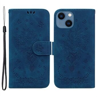 For iPhone 13 6.1 inch Phone Cover Imprinting Roses Butterflies Pattern Shockproof Leather Full Coverage Scratch Resistant Phone Case Wallet Stand