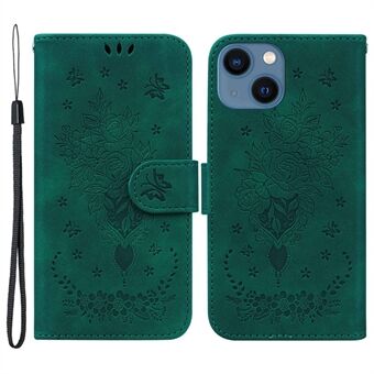 For iPhone 13 6.1 inch Phone Cover Imprinting Roses Butterflies Pattern Shockproof Leather Full Coverage Scratch Resistant Phone Case Wallet Stand