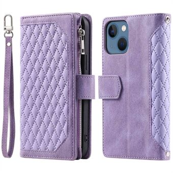 005 Style Wallet Rhombus Texture Case iPhone 13:lle 6,1 tuumaa, vetoketjutasku PU-nahkainen Stand kansi rannehihnalla