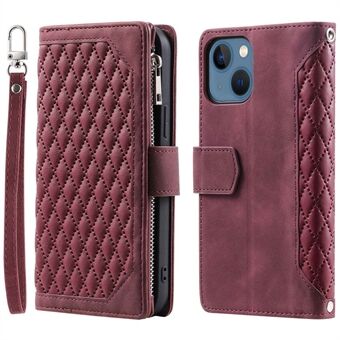 005 Style Wallet Rhombus Texture Case iPhone 13:lle 6,1 tuumaa, vetoketjutasku PU-nahkainen Stand kansi rannehihnalla