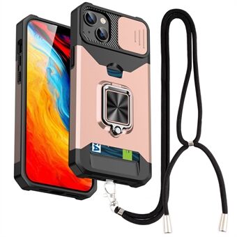 IPhone 13:lle 6,1 tuuman korttipidike Phone Shell Hard PC + TPU Kickstand -puhelinkotelo, jossa hihna ja liukukameran kansi