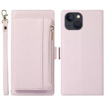 2 in 1 Magneettinen Litchi Textured -puhelinkotelo iPhone 13:lle 6,1 tuumaa, Full Protection PU-nahkainen puhelimen kansi Stand vetoketjullinen taskulompakko ja hihna