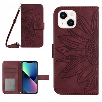 IPhone 13:lle 6,1 tuuman Stand painettu Sunflower Skin-touch PU-nahka + TPU-koteloteline Lompakon puhelimen suojus olkahihnalla