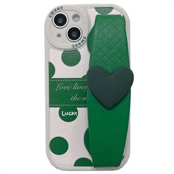 IPhone 13:lle 6,1 tuuman Green Dots Pattern PU-nahkapäällysteinen TPU-puhelimen takakuori Love Heart -rannekkeella