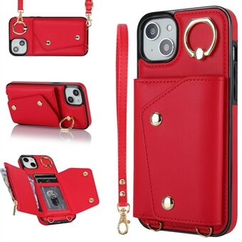 Ring Kickstand vetoketjullinen lompakkopuhelinkotelo iPhone 13 PU:lle Nahkapäällysteinen TPU Crossbody puhelimen suojakuori