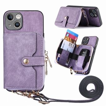 Vetoketjullinen lompakko-puhelimen jalustan suojus iPhone 13:lle, PU-nahka+PC+TPU-kotelo kaulanauhalla