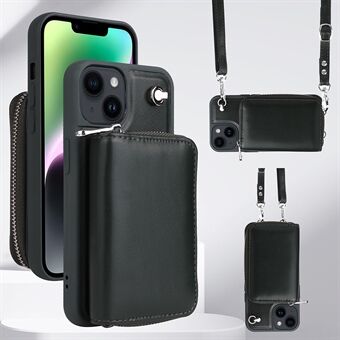 Crossbody-puhelinkotelo iPhone 13:lle, irrotettava vetoketjullinen korttipidike nahkaa + TPU-puhelimen suojus